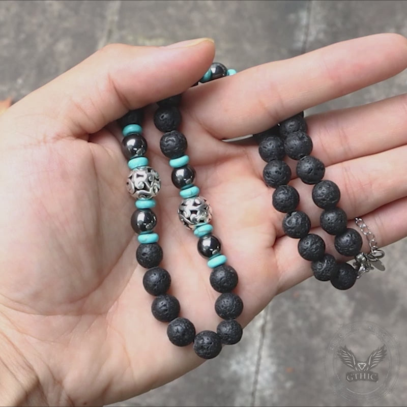 Volcanic Rock Stainless Steel Bead Necklace