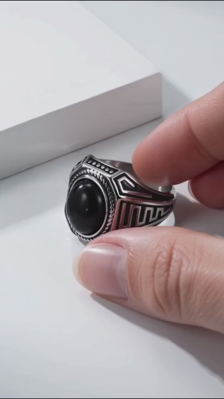 Vintage Black Gemstone Stainless Steel Versatile Ring