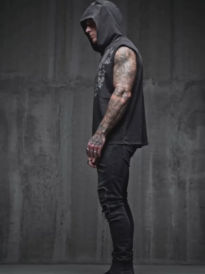 Punk Y2K Cross Wings Print Sleeveless Hoodie
