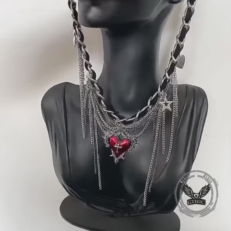 Dark Gothic Cross Heart Tassel Alloy Choker Necklace