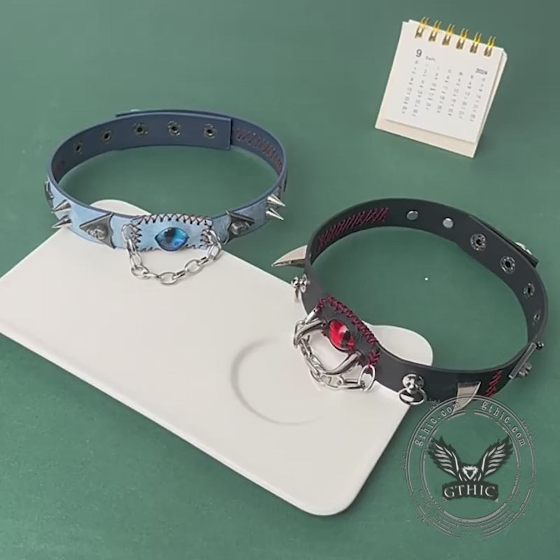 Gothic Y2K Gem Eye Skull Rivet Leather Choker Necklace