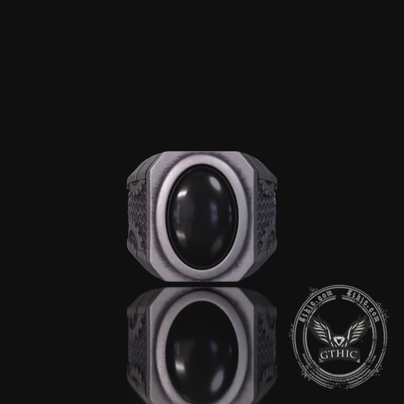 Steampunk Gear Black Gem Sterling Silver Ring