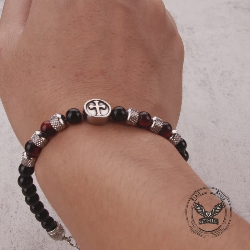 Vintage Tiger Eye Cross Stainless Steel Beaded Bracelet