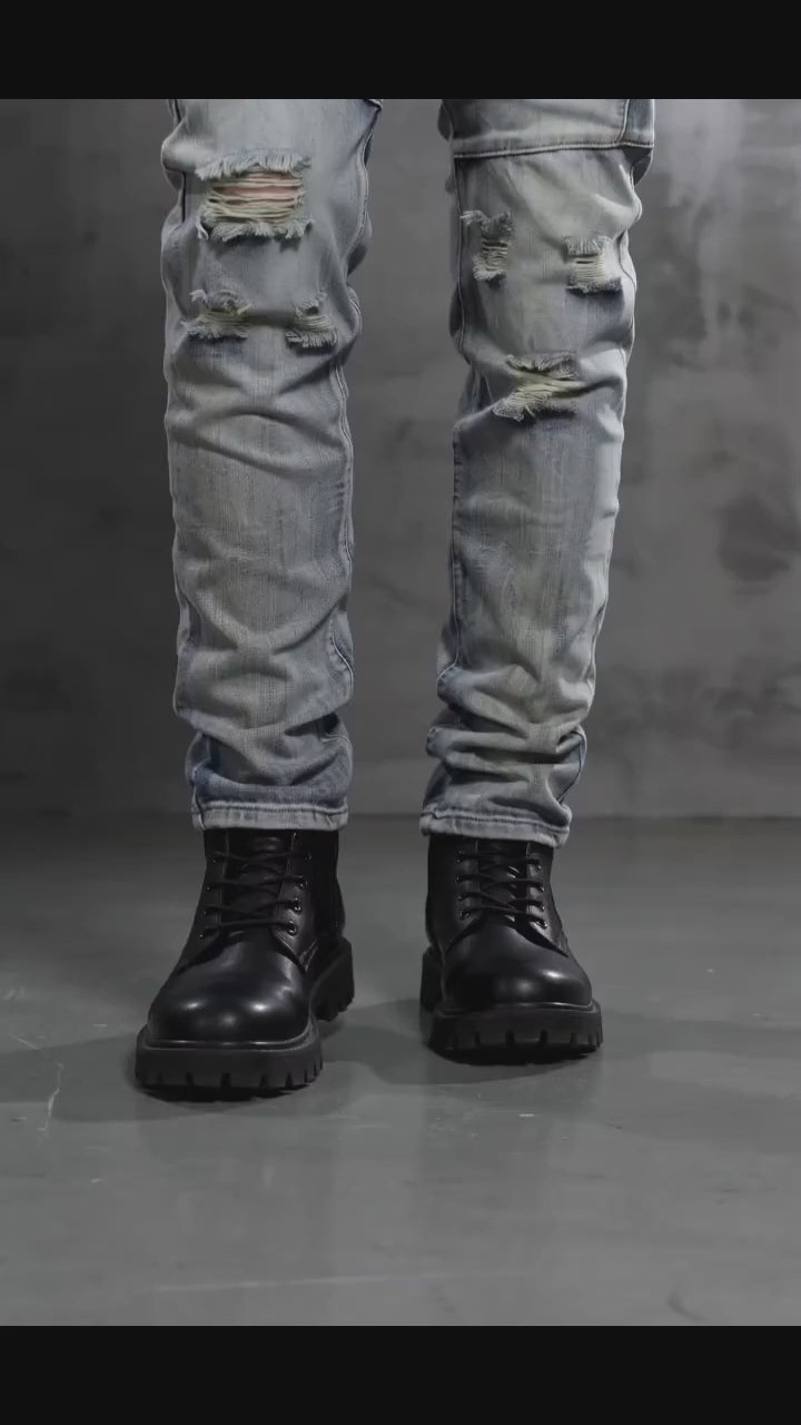 Street Slim-Fit Distressed Straight-Leg Biker Jeans