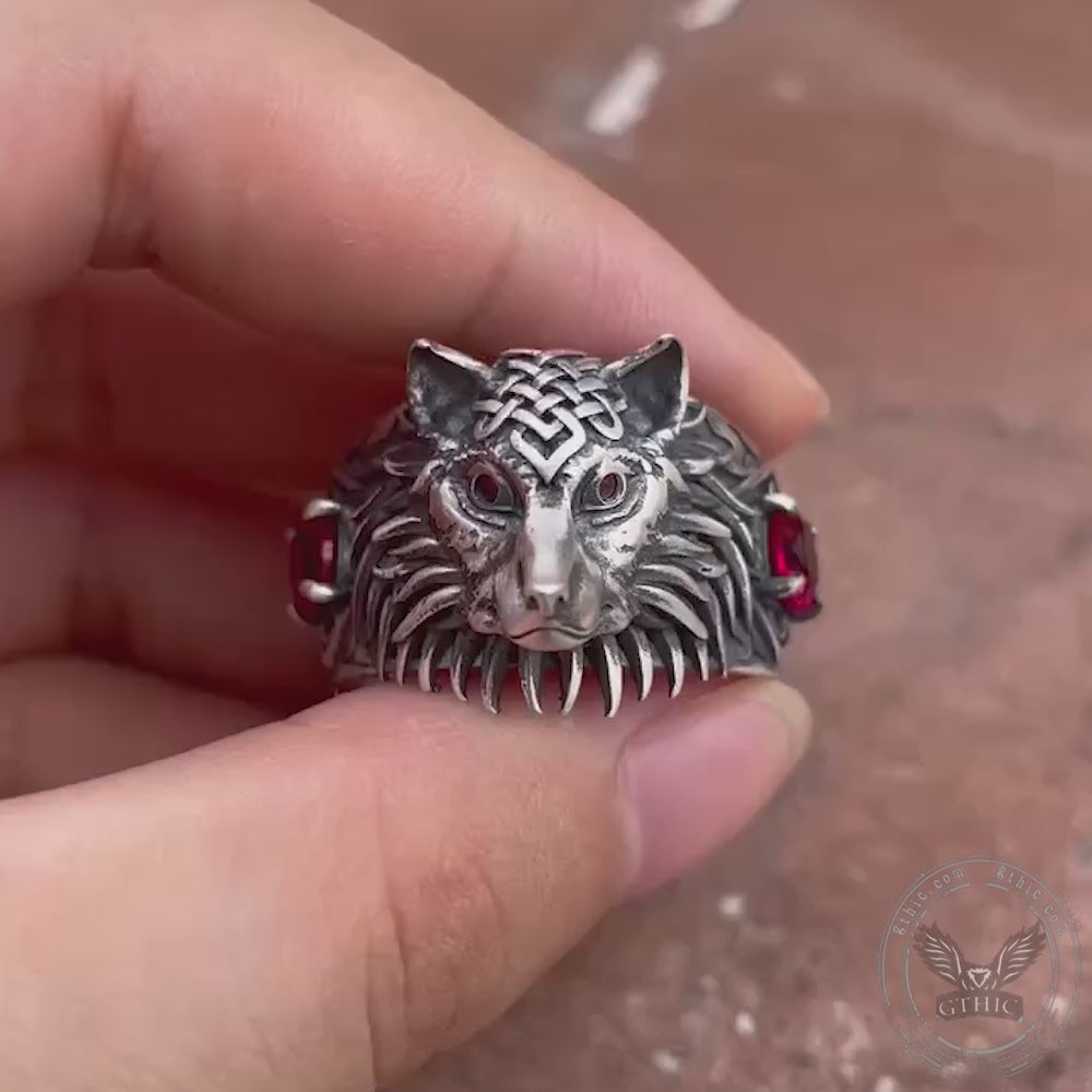 Anillo vikingo de plata de ley con circonita y lobo nórdico