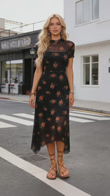 Women's Gothic Retro Dark Yellow Rose Mesh Double Layer Irregular Dress