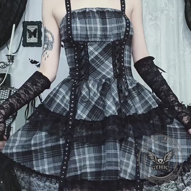 Gothic Style Black and Gray Plaid Lace Dress