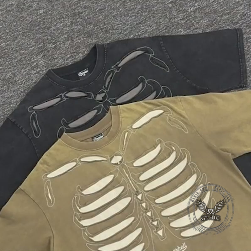 Skeleton Pattern Vintage Washed Cotton T-Shirt