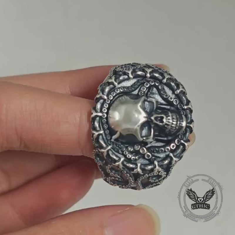 Gothic Tentacle Skull Head Sterling Silver Ring