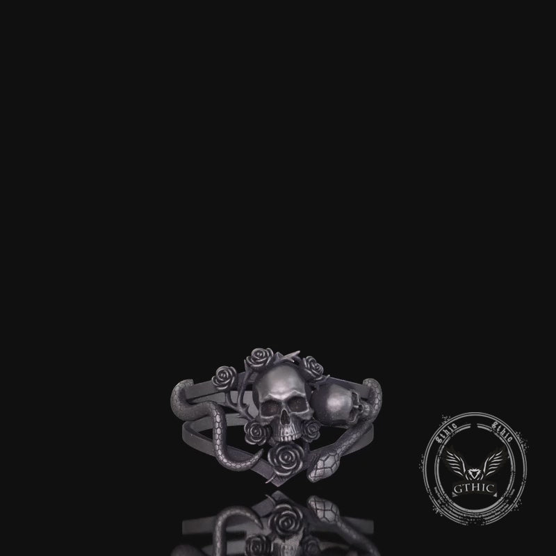 Gothic Rose Skull Snake Entwined Sterling Silver Ring