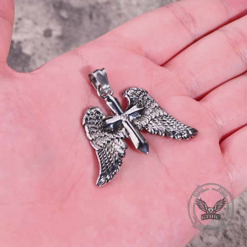 Vintage Cross Angel Wings Stainless Steel Pendant