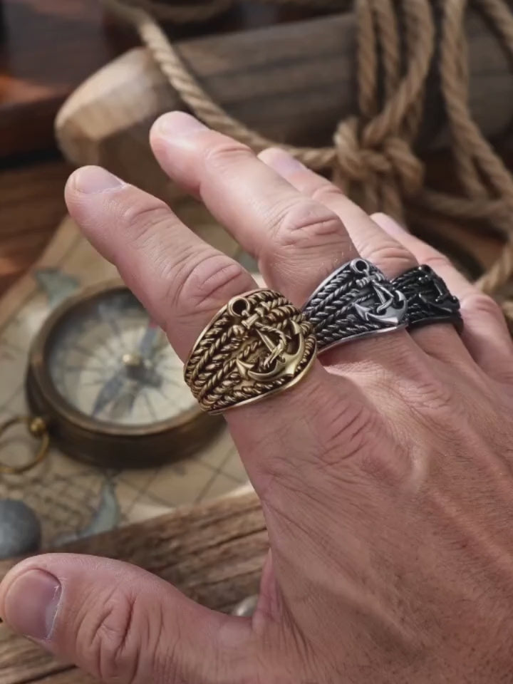 Vintage Hemp Rope Anchor Stainless Steel Ring