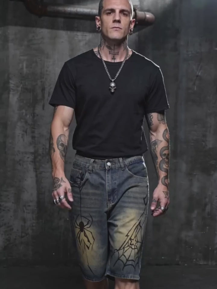 Punk Hand-Drawn Spider Pattern Loose Denim Shorts