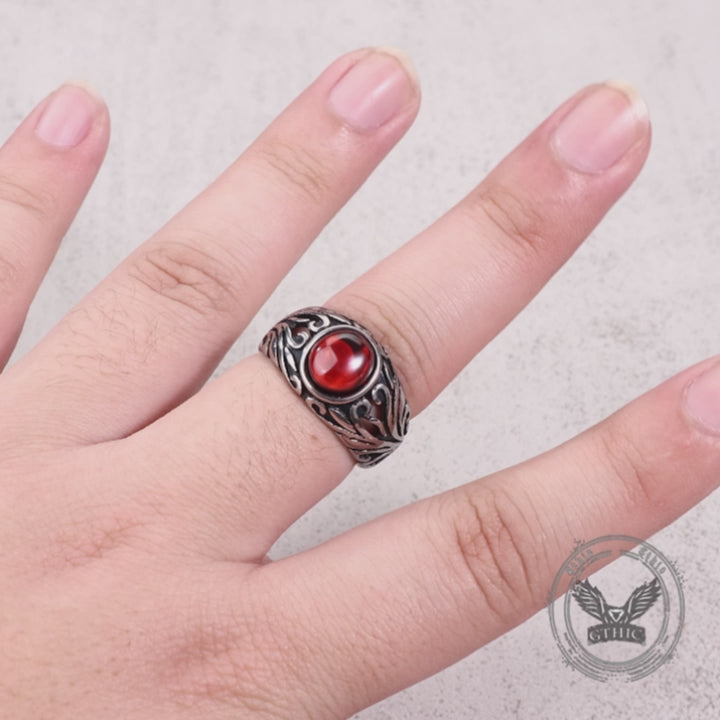Vintage Floral Pattern Red Gem Stainless Steel Ring