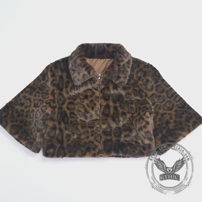Fashion Leopard Print Lapel Plush Zip Short Top