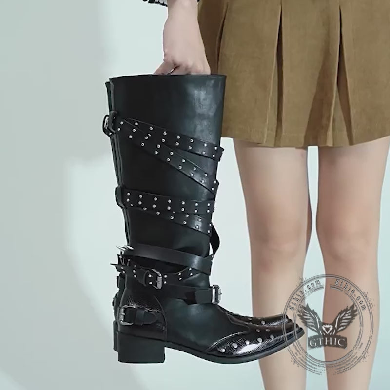 Punk Studded Strap Design Pointed-Toe Long Tube Boots