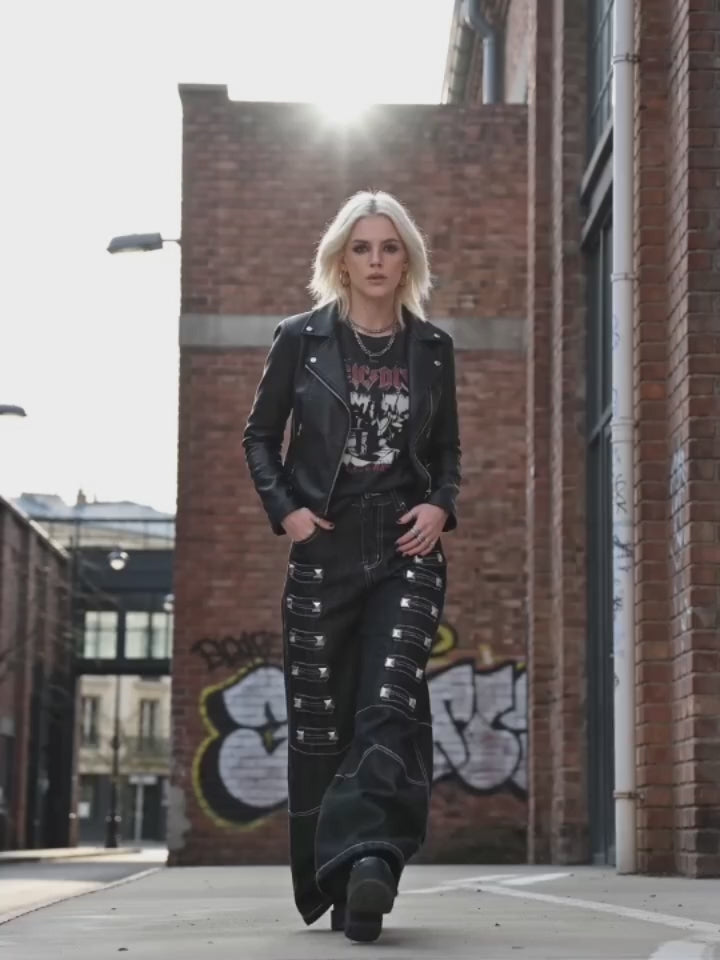 Dark Y2K Punk Rivet Embellishment Wide Leg Jeans