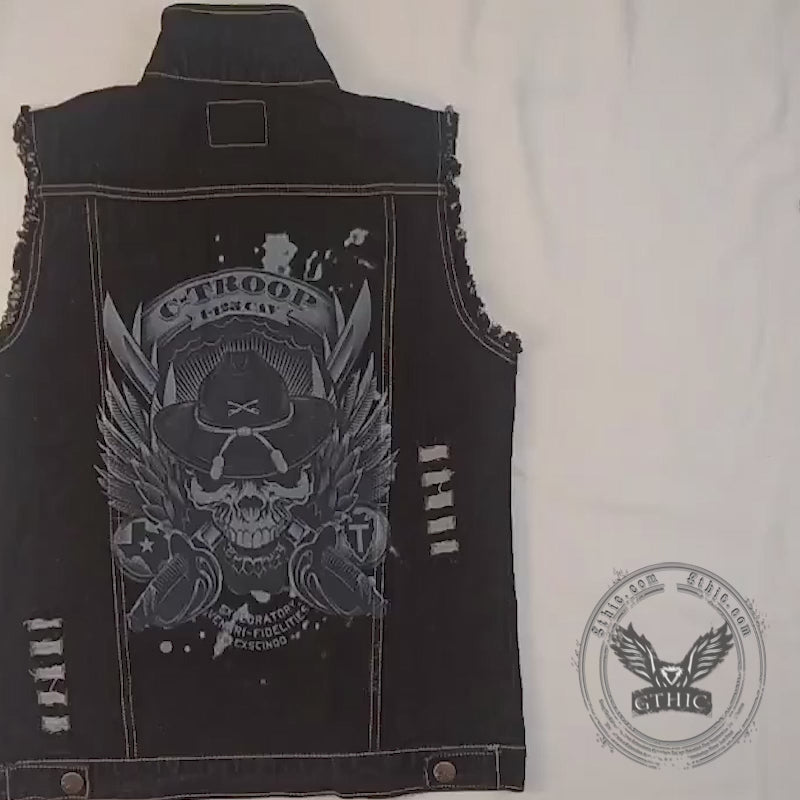 Punk Fierce Soldier Skull Print Denim Vest