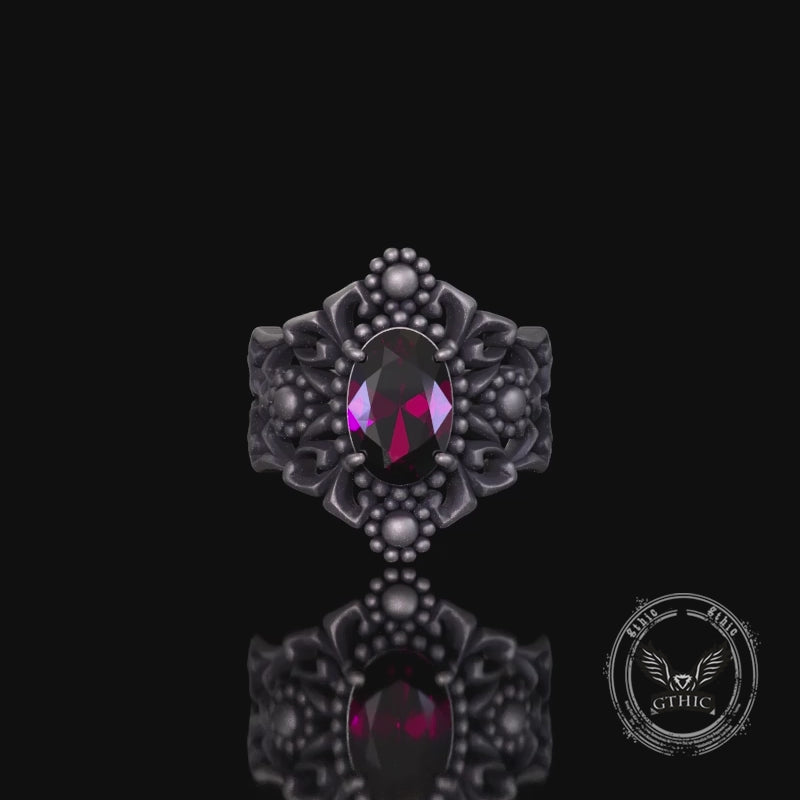 Gothic Sunflower Pattern Gemstone Sterling Silver Ring