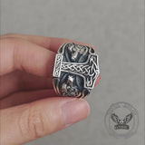 Viking Thor's Hammer Double Wolves Sterling Silver Ring