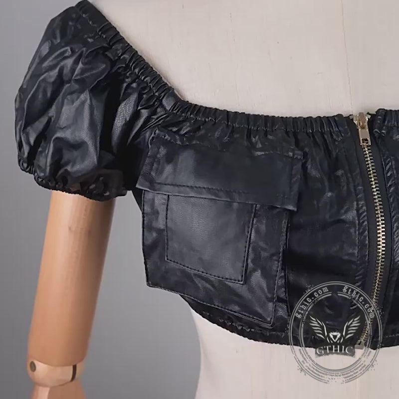 Sexy One Shoulder Zipper PU Leather Short Tube Top