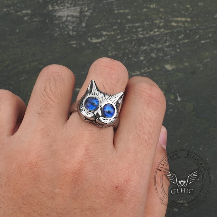 Anillo de acero inoxidable con cabeza de gato y ojo de gema