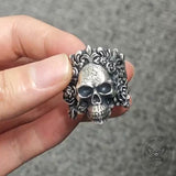 Rose Vine Pattern Skull Sterling Silver Ring