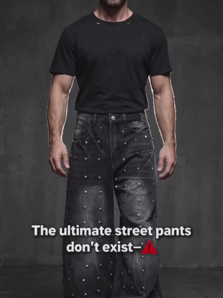 Street Punk Studded Design Wide Leg Baggy Jeans