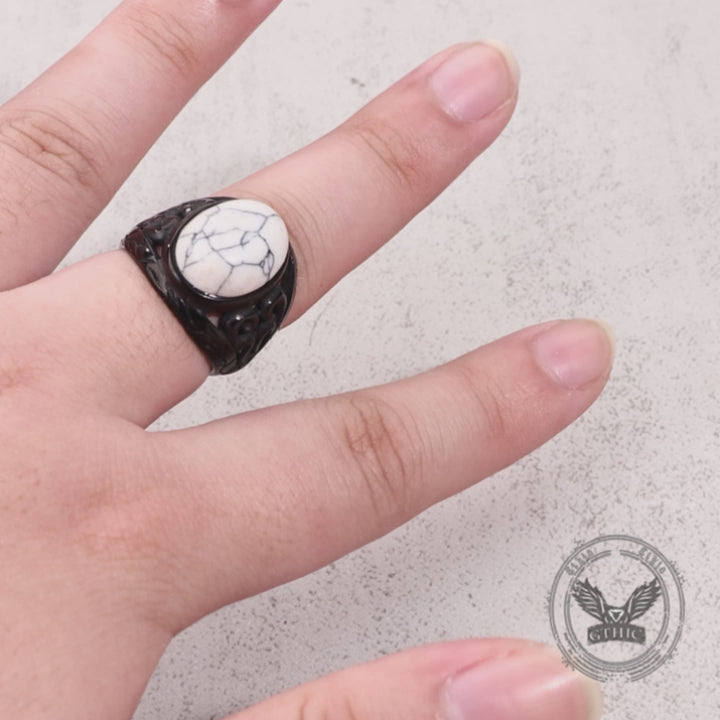 Vintage Hollow Carved Gemstone Stainless Steel Ring