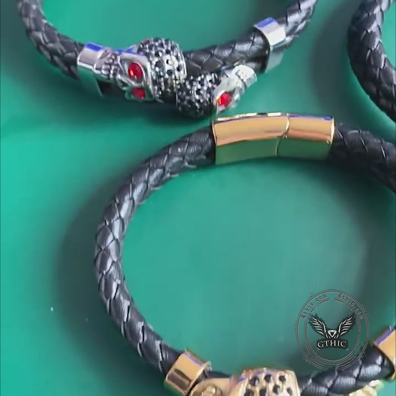 Punk Double Skull Stainless Steel Leather Bracelet