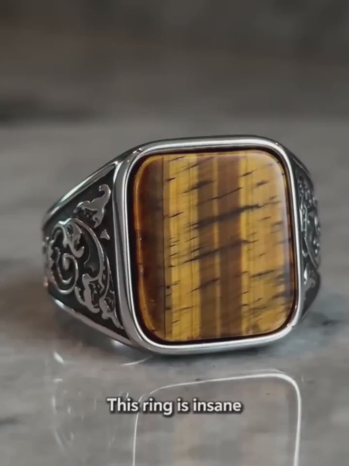 Vintage Wood Grain Gemstone Stainless Steel Ring