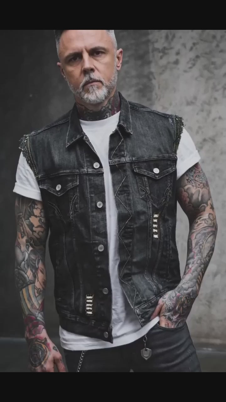Skull Rebel Print Lapel Biker Denim Vest