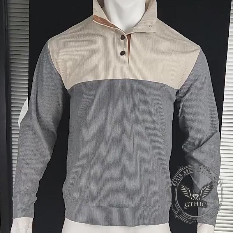 Casual Color-Blocked Stand Collar Corduroy Sweatshirt