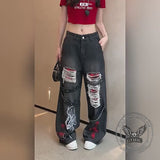 Punk Ripped Skull Hand Print Cross Patch Baggy Jeans