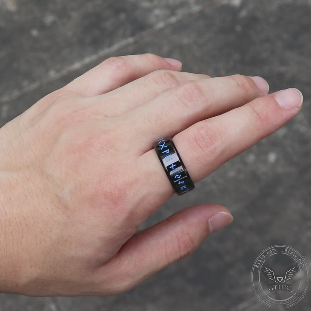 Bague viking en acier inoxydable avec runes en bois rétro