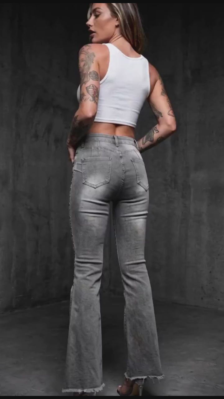Fashion Stretch Side Studs Raw Hem Bootcut Jeans