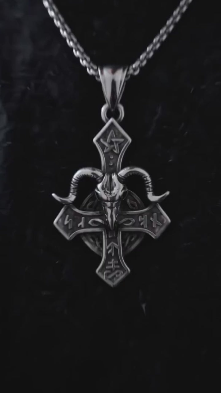 Vintage Baphomet Ram's Head Stainless Steel Cross Pendant