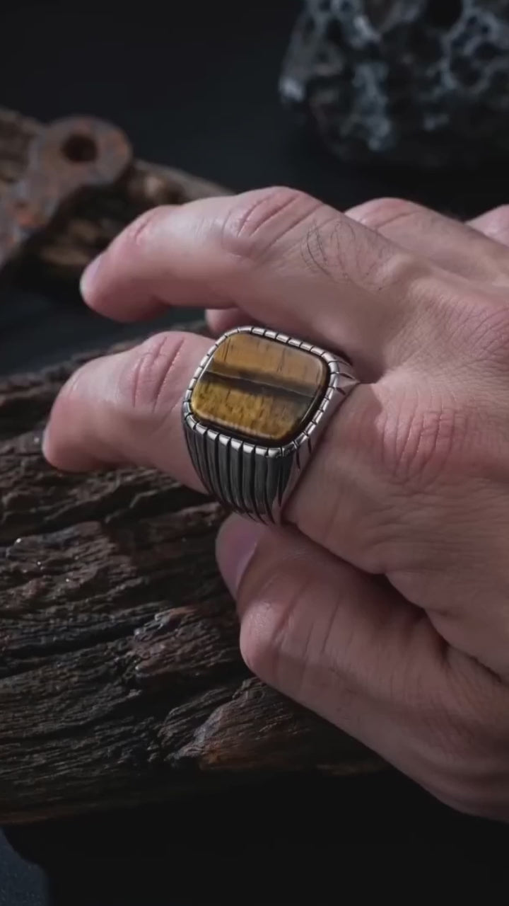 Vintage-Style Turquoise Stainless Steel Striped Ring