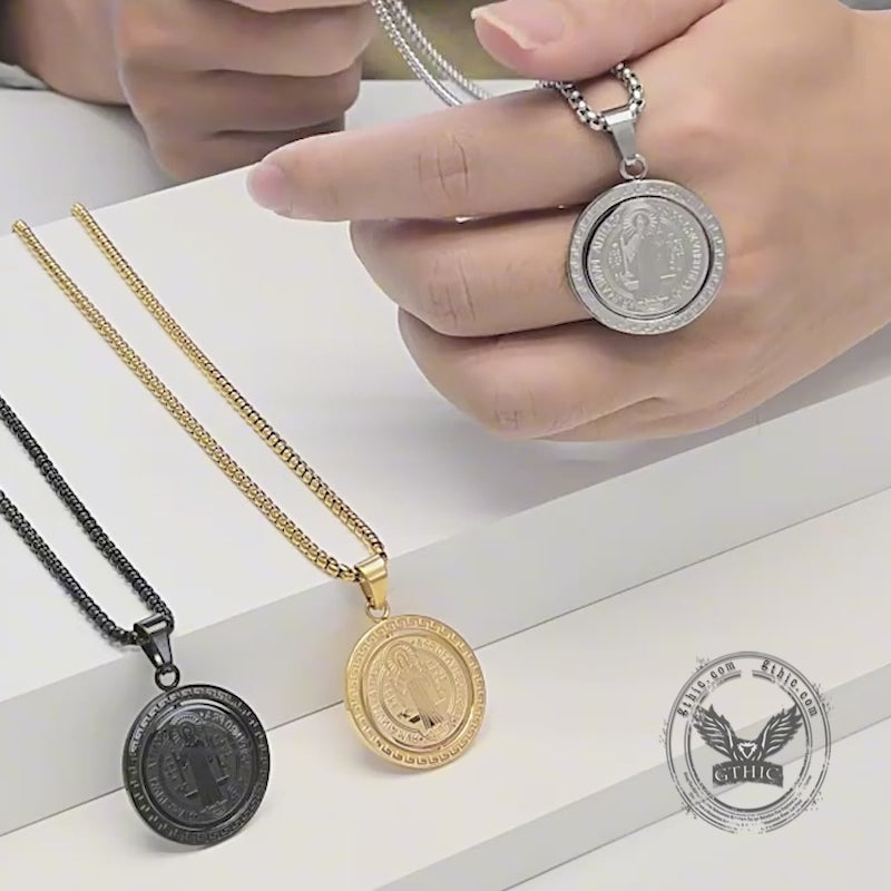St. Benedict Double-Sided Rotating Stainless Steel Amulet Pendant