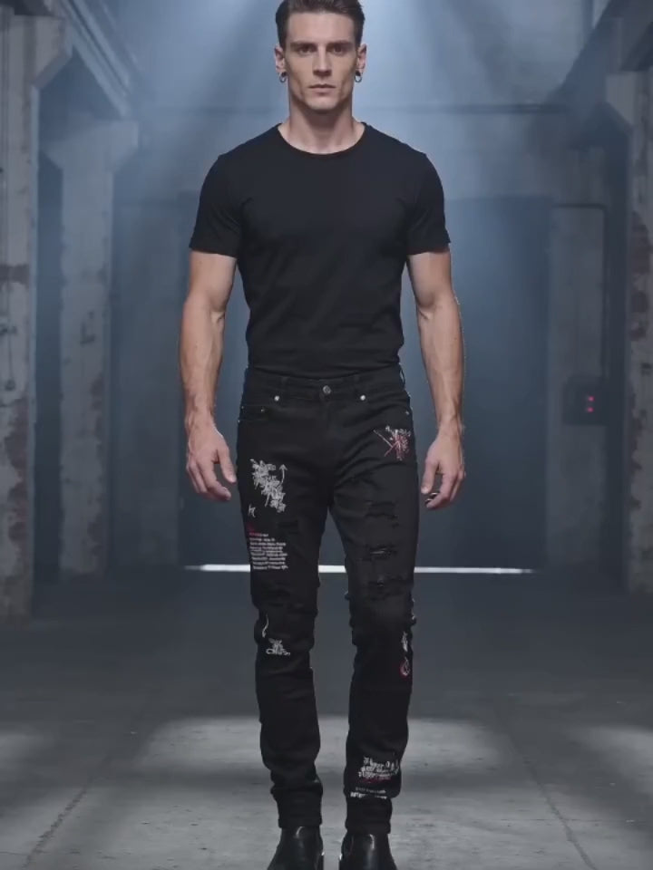 Gothic Graffiti Distressed Slim Fit Stretch Jeans