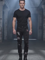 Gothic Graffiti Distressed Slim Fit Stretch Jeans