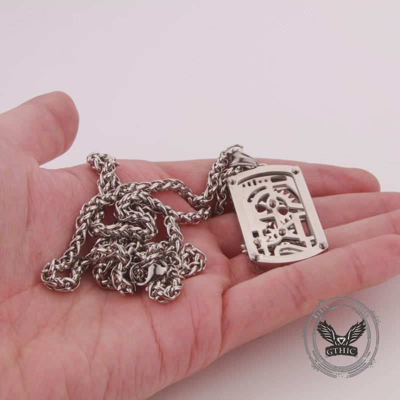Vintage Rotatable Gear Stainless Steel Square Pendant