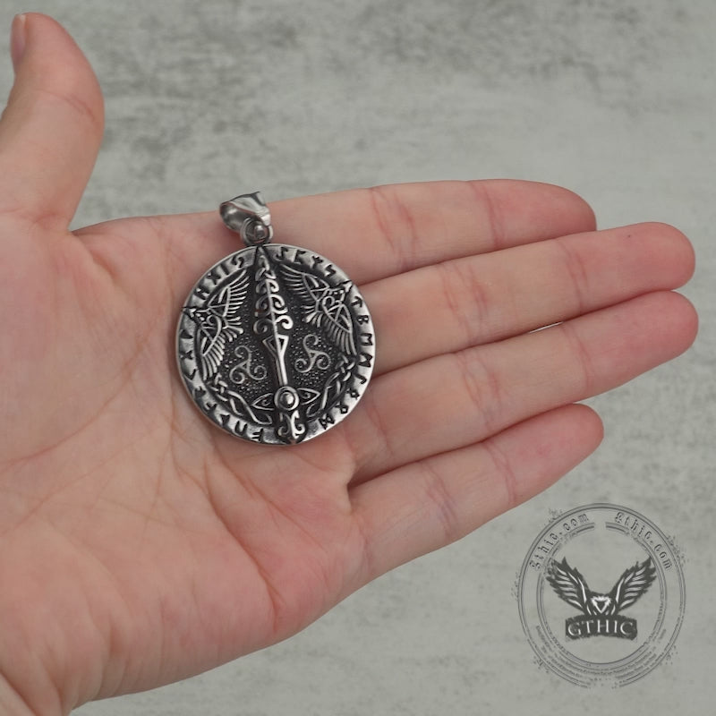 Vintage Viking Rune Odin Raven Stainless Steel Pendant