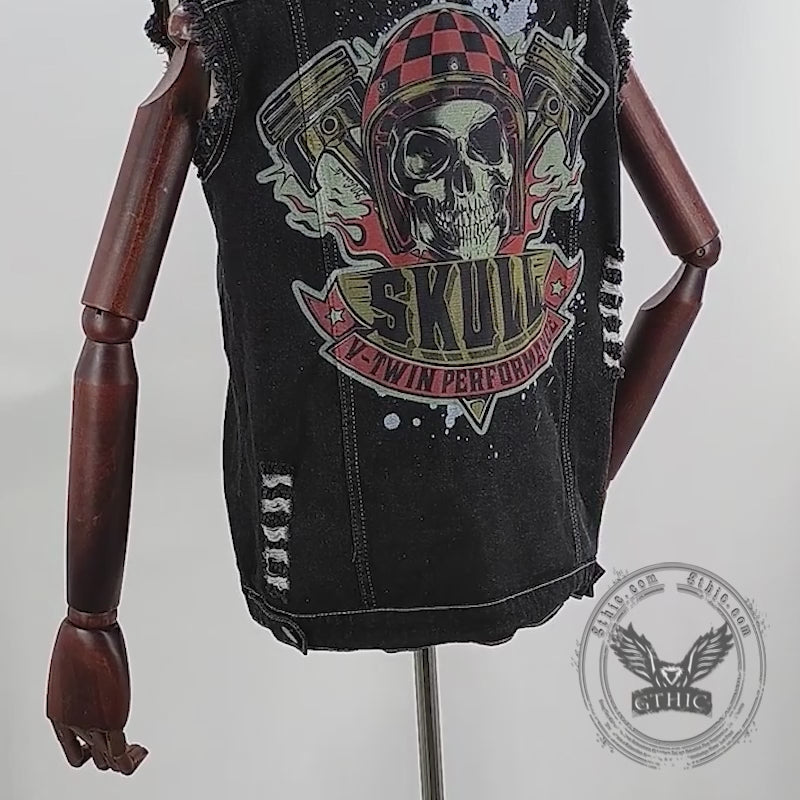 Punk V-Twin Performance Skull Print Denim Vest