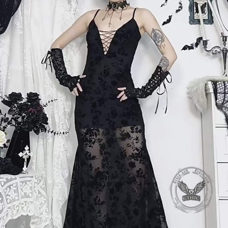 Sexy V-Neck Plant Print Lace See-Through Sling Dress