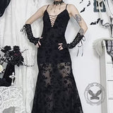 Sexy V-Neck Plant Print Lace See-Through Sling Dress