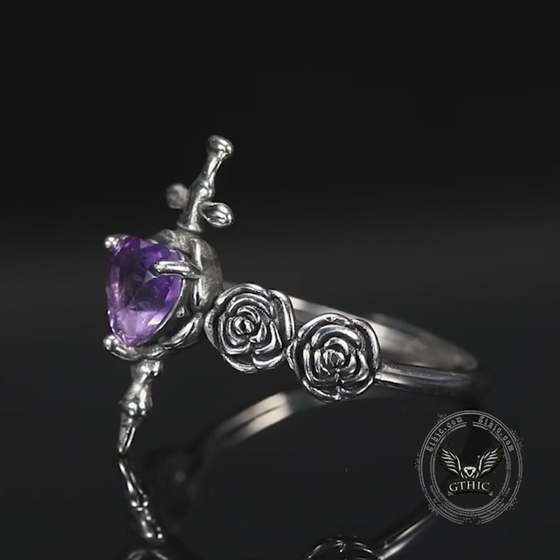 Cross Rose Heart Shape Crystal Sterling Silver Ring