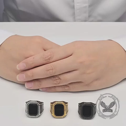 Vintage Square Black Gem Speckled Stainless Steel Ring