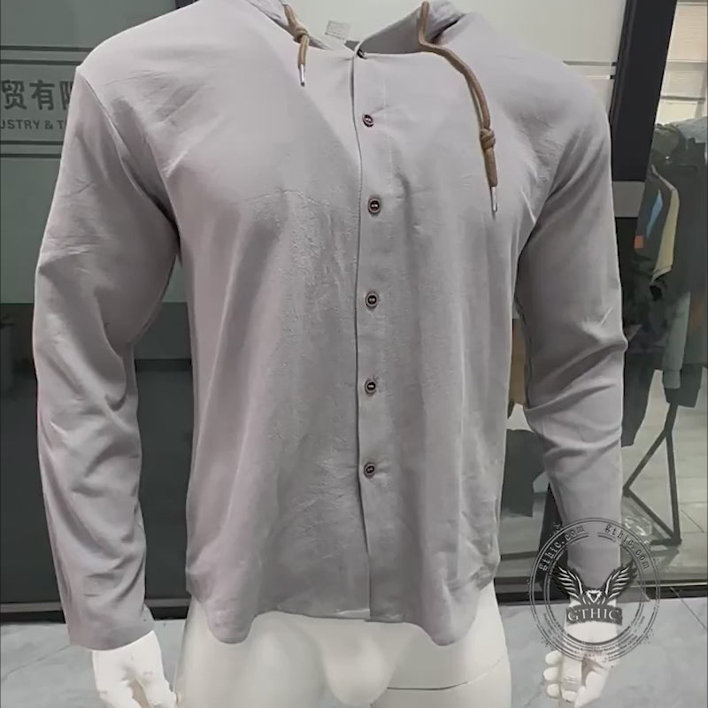 Fashion Solid Color Linen Casual Hooded Shirt