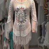 Stylish Hollow Out Crochet Fringe Beach Cover-Up Dress